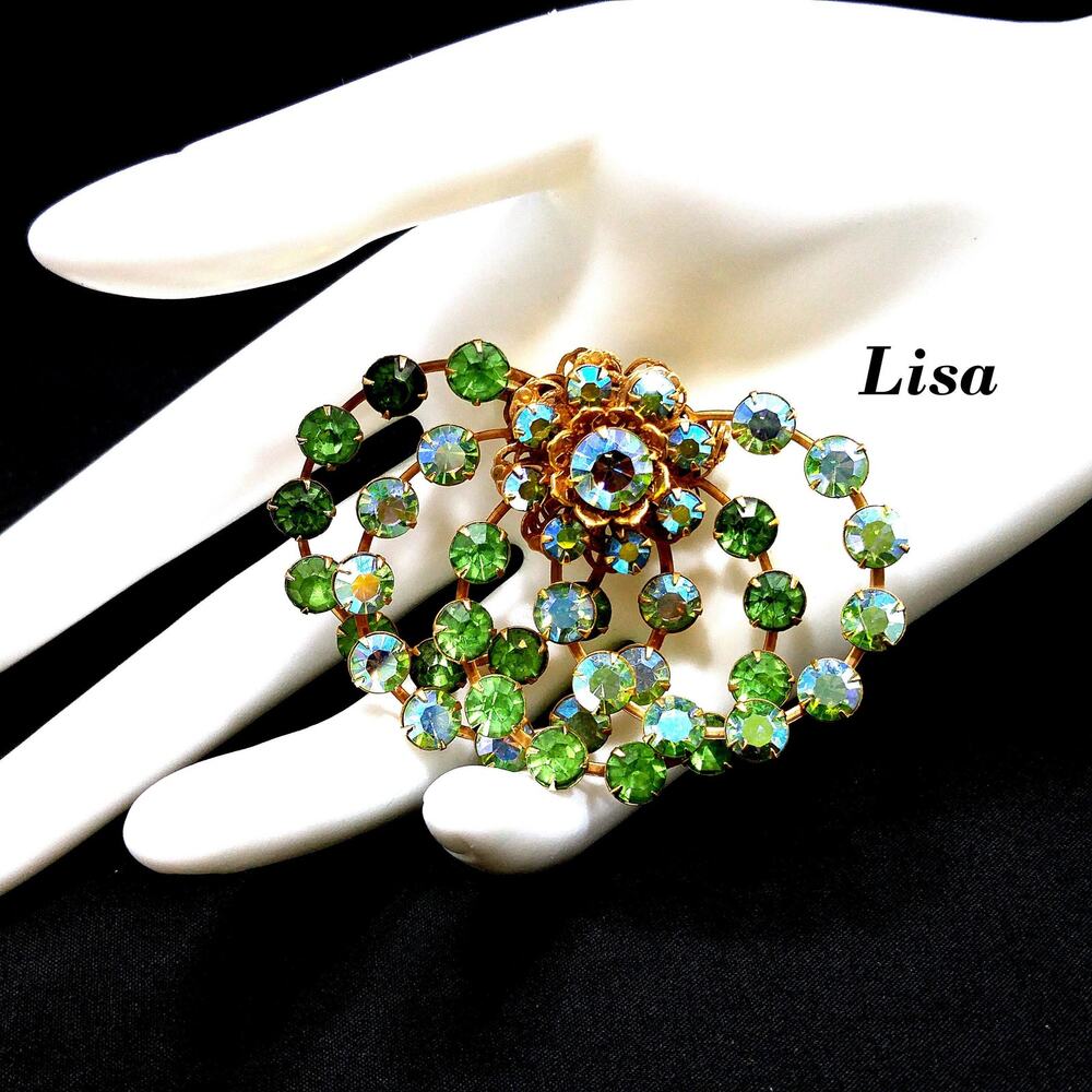 Vintage LISA Green AB Rhinestone Swirl Brooch Gold Tone Filigree